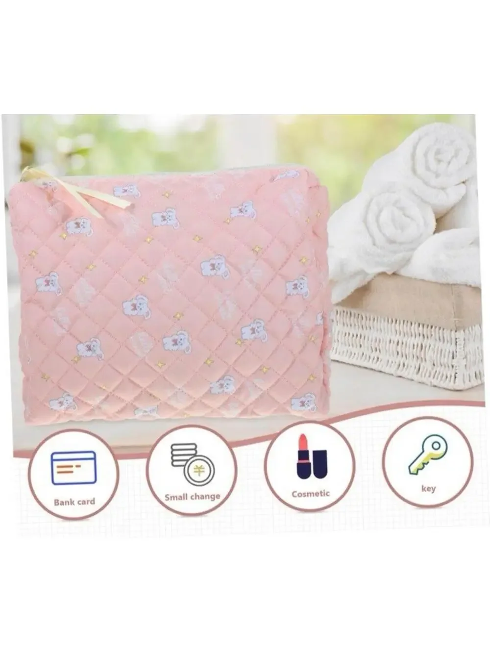 Quilted Kawaii Pink Rabbit Makeup Bag Soft Cute Toiletry Cosmetic Travel Pouch